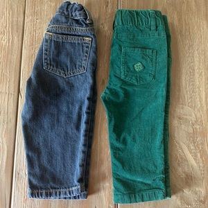 Baby boy pants, green corduroys and blue jeans